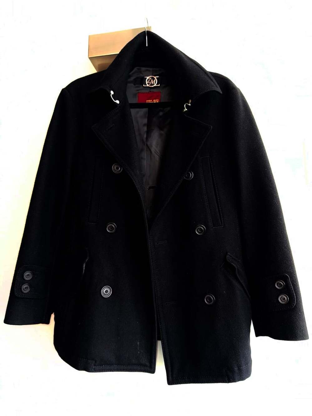 Zara Man Black Wool Blend Double Breasted Pea Coat